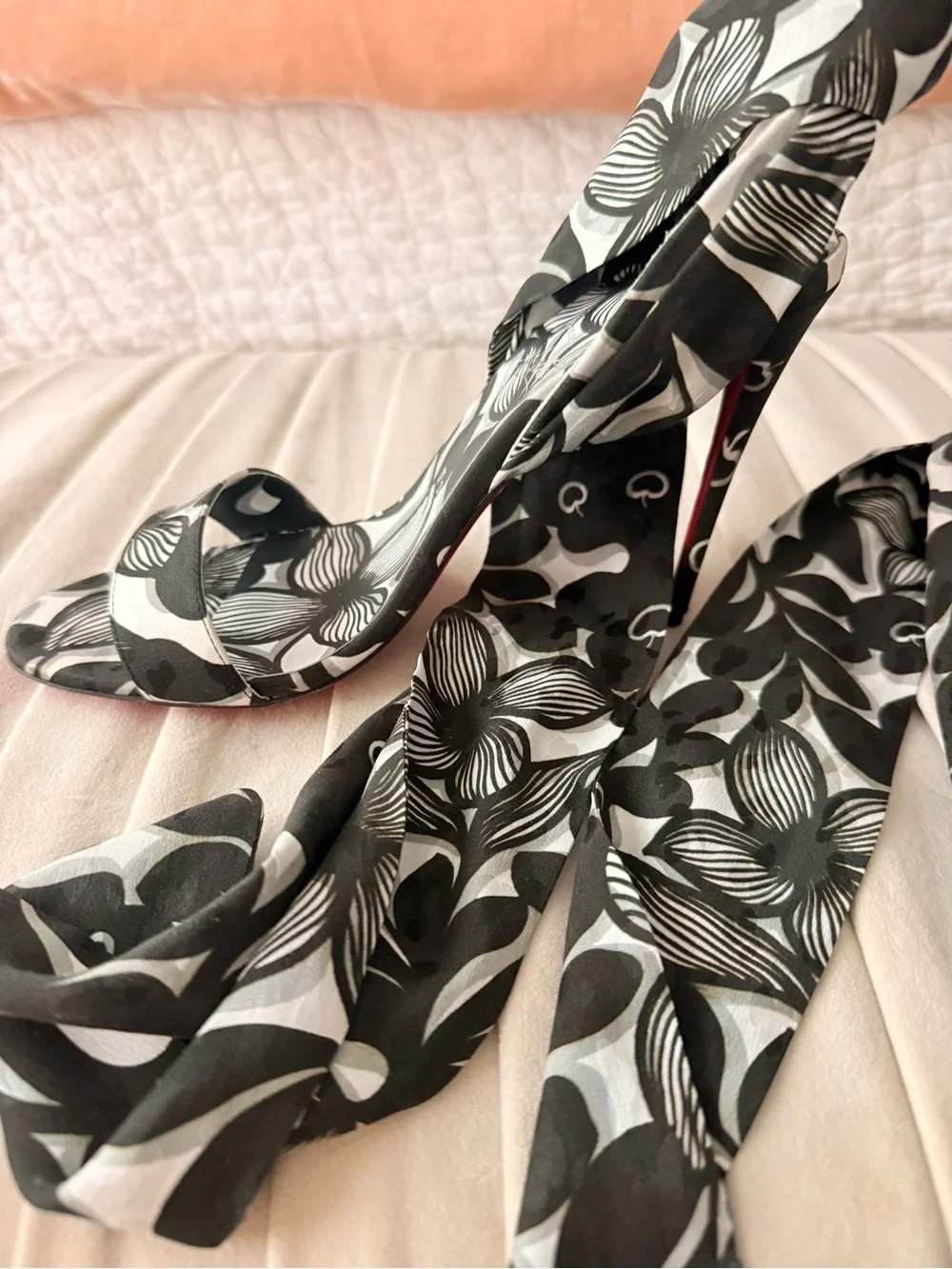 Christian Louboutin Black & White Printed Ankle-Tie Stilettos